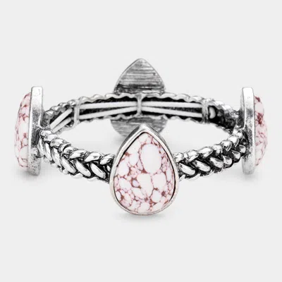 Fashnzfab Teardrop Natural Stone Antique Metal Stretch Bracelet White In Metallic