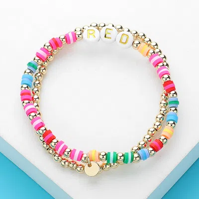 Fashnzfab 2pcs - Red Message Metal Ball Heishi Beaded Stretch Multi Layered Bracelets In Multi