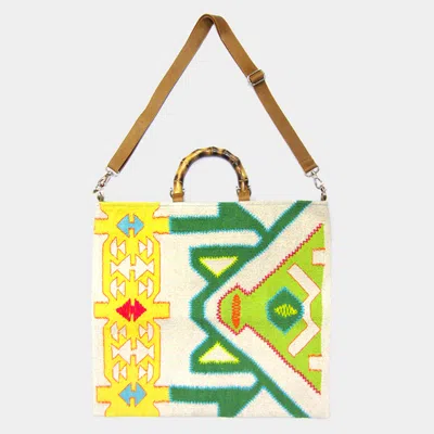 Fashnzfab Wood Top Handle Aztec Patterned Tote/crossbody Bag In Green