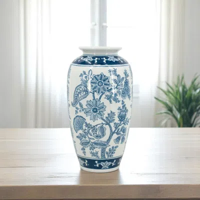 Hivvago 15" Light Blue And White Floral Porcelain Urn Vase In Blue