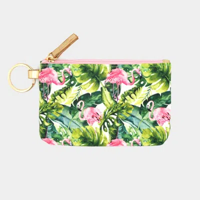 Fashnzfab Flamingo Tropical Leaf Patterned Id Wallet Detachable Lanyard In Green