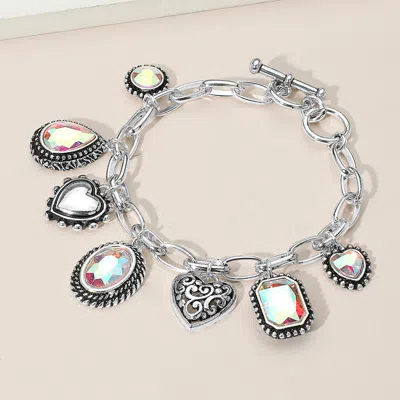 Fashnzfab Teardrop Oval Round Stone Metal Heart Charm Station Toggle Bracelet Ab, Antique Silver In Metallic