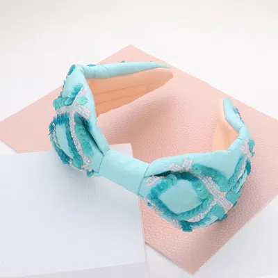 Fashnzfab Sequin Beaded Check Patterned Knot Burnout Headband In Blue