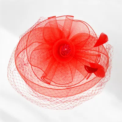 Fashnzfab 13" X 12" Feather Mesh Flower Fascinator / Headband In Red