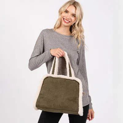 Fashnzfab Fleece Trimmed Solid Tote / Crossbody Bag With Adjustable Strap In Green
