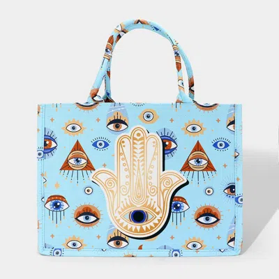 Fashnzfab Evil Eye Hamsa Hand Printed Tote Bag In Blue