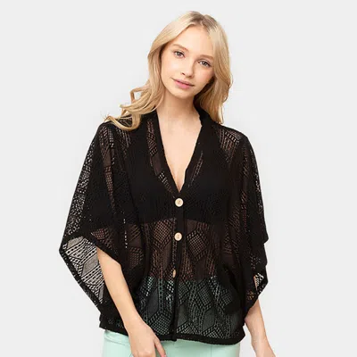 Truedames Geometric Pattern Knit Button Down Kimono Poncho In Black