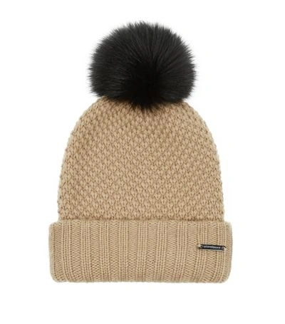 Burberry Fur Pom Pom Wool Cashmere Beanie Hat In Camel