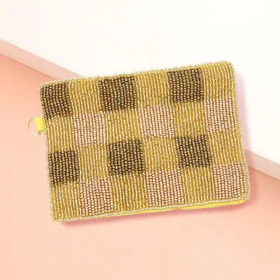 Fashnzfab Check Patterned Seed Beaded Mini Pouch Bag In Gold