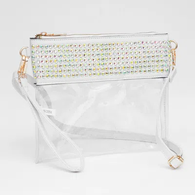 Fashnzfab Bling Studded Flat Transparent Crossbody Bag With Wristlet In Multi