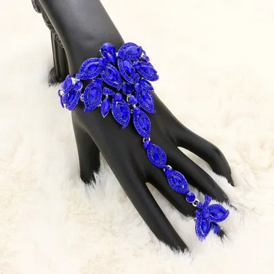 Fashnzfab Marquise Stone Cluster Pointed Hand Chain Evening Bracelet Sapphire, Silver In Blue