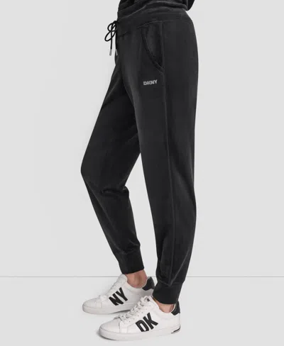 Dkny Women's Platinum Velour Rhinestone Logo Slim Fit Joggers In Black