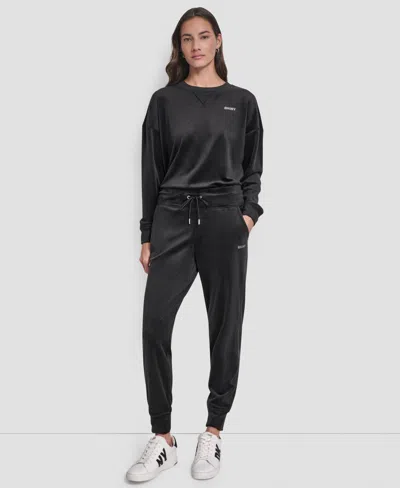 Dkny Women's Platinum Velour Rhinestone Logo Slim Fit Joggers In Black