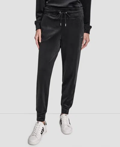 Dkny Women's Platinum Velour Rhinestone Logo Slim Fit Joggers In Black