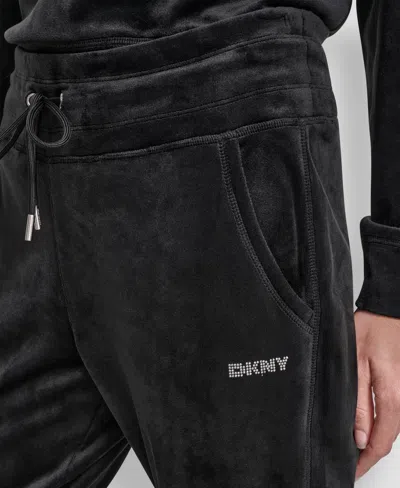 Dkny Women's Platinum Velour Rhinestone Logo Slim Fit Joggers In Black