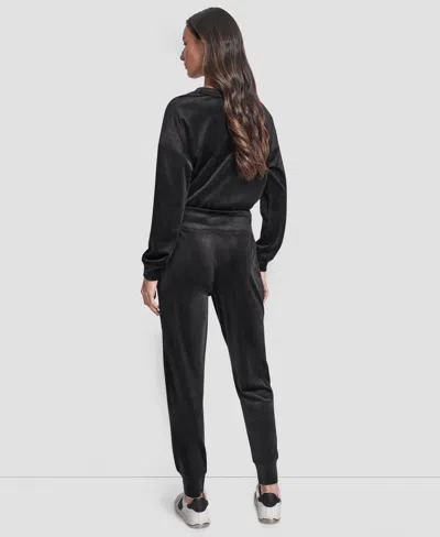 Dkny Women's Platinum Velour Rhinestone Logo Slim Fit Joggers In Black
