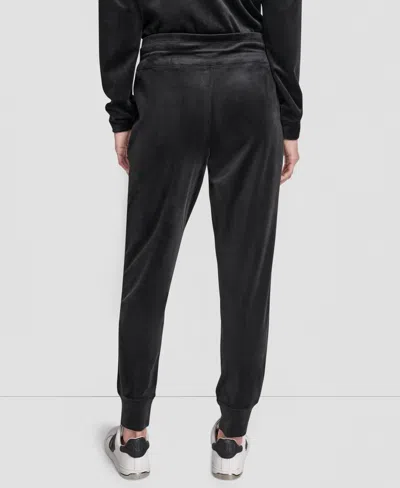 Dkny Women's Platinum Velour Rhinestone Logo Slim Fit Joggers In Black