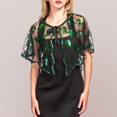 Truedames Sequin Bow Pointed Leaf Beaded Retro Style Sheer Shawl Cape Poncho In Black