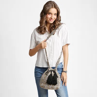 Fashnzfab Boho Tribal Pattern Woven Tassel Drawstring Bucket Bag In Black