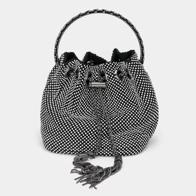 Fashnzfab Bling Rhinestone Mesh Metal Draw String With Glass Stone Embellished Top Handle Bucket Bag / Crossbo In Black