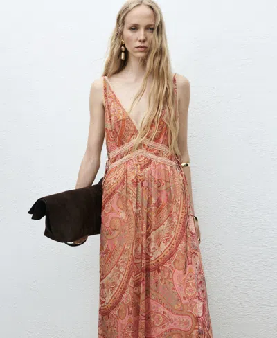 Mango Paisley-print Dress With Lace Trim Brown In Brown