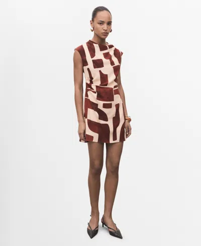 Mango Short Patterned Dress Ecru In Burgundy