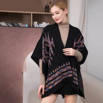 Truedames Boho Patterned Front Pockets Poncho In Black