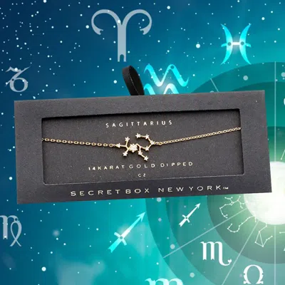 Fashnzfab Secret Box _ 14k Gold Cz Sagittarius Zodiac Sign Charm Bracelet Clear, Gold In Multi