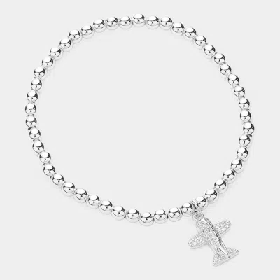 Fashnzfab Cz Stone Paved Airplane Charm Stainless Steel Ball Beaded Stretch Bracelet Silver In Silver