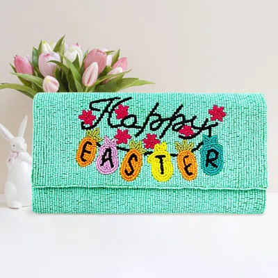 Fashnzfab Happy Easter Message Carrot Bunny Pointed Seed Beaded Clutch / Crossbody Bag In Green
