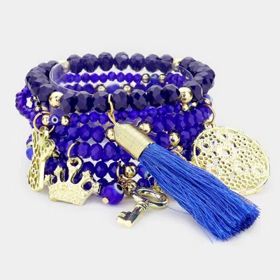 Fashnzfab 7pcs - Angel Crown Evil Eye Key Tassel Charm Faceted Beaded Stretch Bracelets In Blue