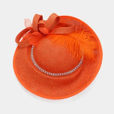 Fashnzfab Rhinestone Paved Band Pointed Feather Bow Fascinator / Headband In Orange