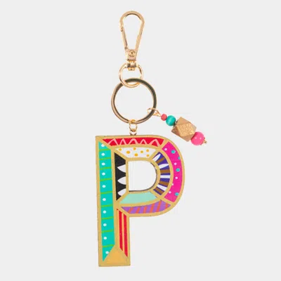 Fashnzfab -p- Geometric Patterned Wood Initial Monogram Keychain In Multi