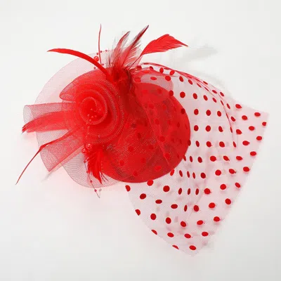 Fashnzfab Dotted Mesh Flower Feather Mesh Fascinator / Headband In Red