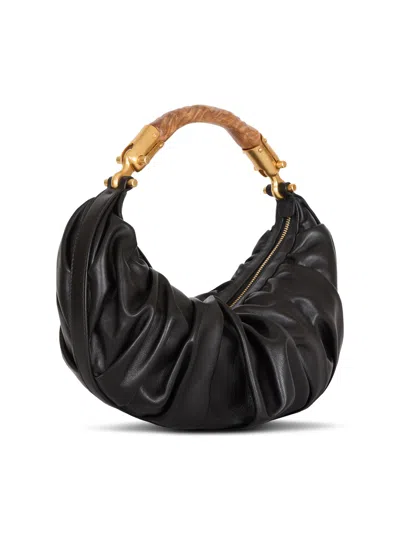 Balmain Ebene Medium Ruched Top-handle Bag In Leather In Black