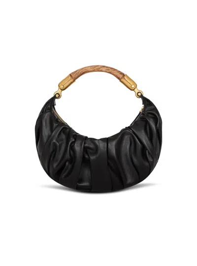Balmain Ebene Medium Ruched Top-handle Bag In Leather In Black