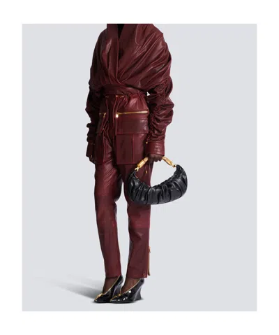 Balmain Ebene Medium Ruched Top-handle Bag In Leather In Black