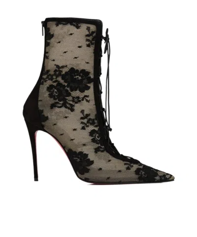 Christian Louboutin Floral Mesh Red Sole Lace-up Booties In Black