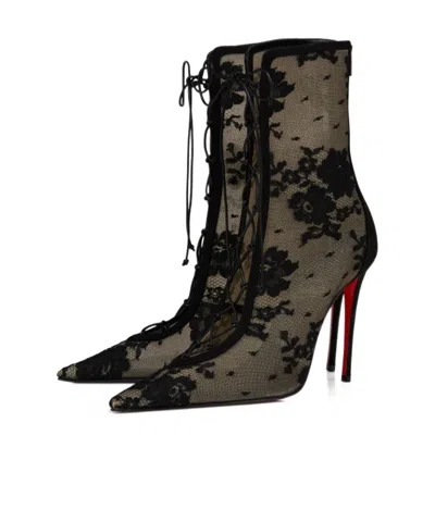 Christian Louboutin Floral Mesh Red Sole Lace-up Booties In Black