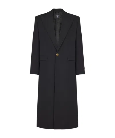 Balmain Long Coat In Grain De Poudre Wool In Black