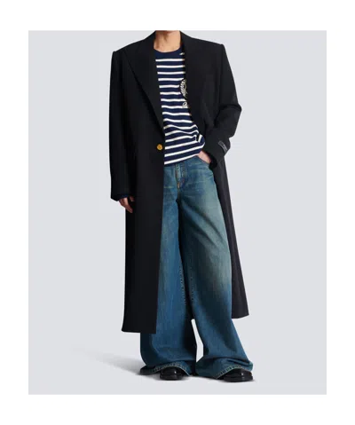 Balmain Long Coat In Grain De Poudre Wool In Black