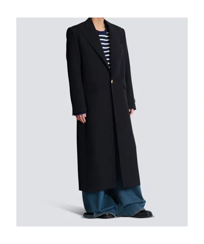 Balmain Long Coat In Grain De Poudre Wool In Black