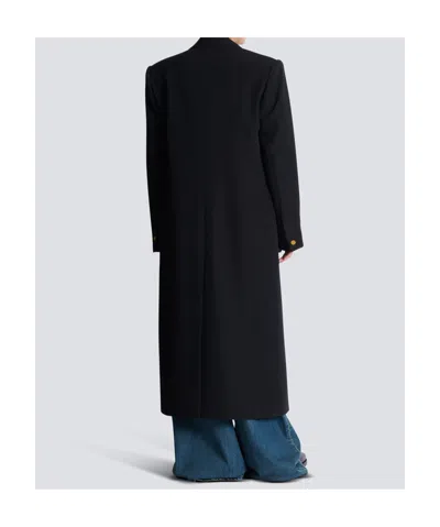 Balmain Long Coat In Grain De Poudre Wool In Black