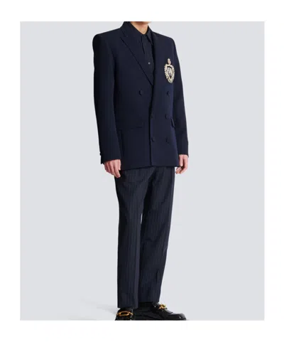 Balmain Wool Crystal-embellished Emblem Blazer In Blue