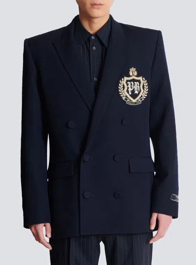 Balmain Wool Crystal-embellished Emblem Blazer In Blue