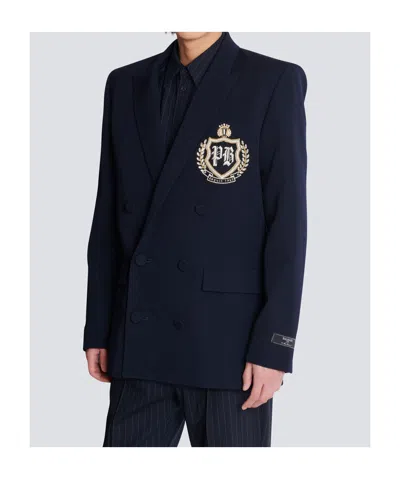 Balmain Wool Crystal-embellished Emblem Blazer In Blue