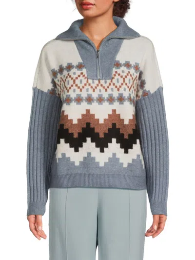 Joseph A Women's Brushed Plaid & Leopard Pattern Quarter-zip Sweater In Multi