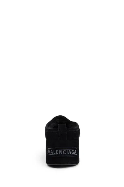 Balenciaga Suede Mules With Rounded Toe And Elevated Platform Sole In Black