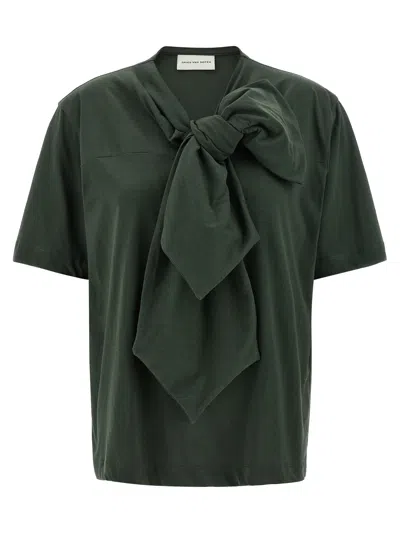 Dries Van Noten Bow Detail Crew Neck Short Sleeve Top In Green
