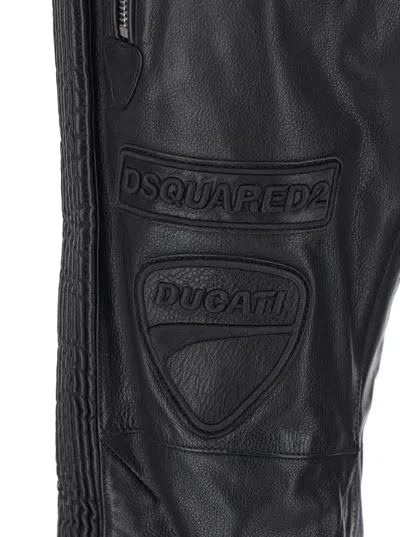 Dsquared2 Ducati X D2 Black Pants With Two Front Zip Closure And Logo Patches On The Front In Leather Man In Black